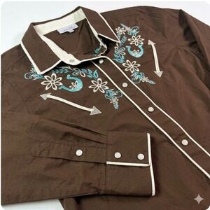 Back In The Saddle Western Snap Shirt L Brown Cowgirl Ranch Horseshoe Embroidery